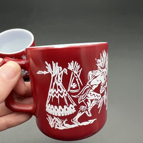 VTG Pair Of Hazel Atlas Western Childs Dark Red Milk Glass Mugs Native American - Picture 11 of 14